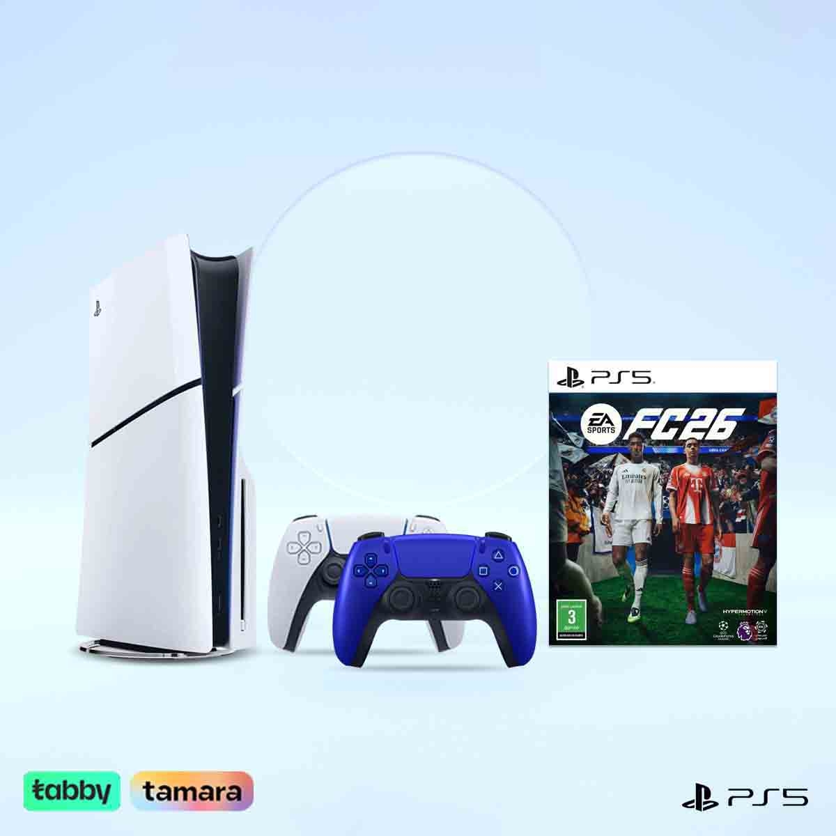 Sony PS5 Blu-Ray Disc (KSA Version) with 2 Controllers (White/Blue) + FC26 Bundle