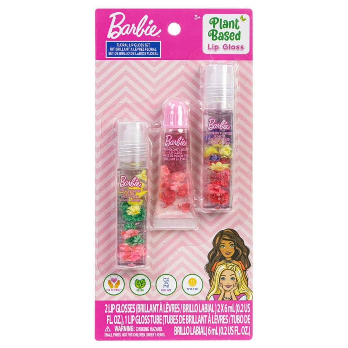 باربي مجموعة ملمع شفاه عائم بتصميم الأزهار من 3 قطع للبنات، من عمر 3-4 سنوات