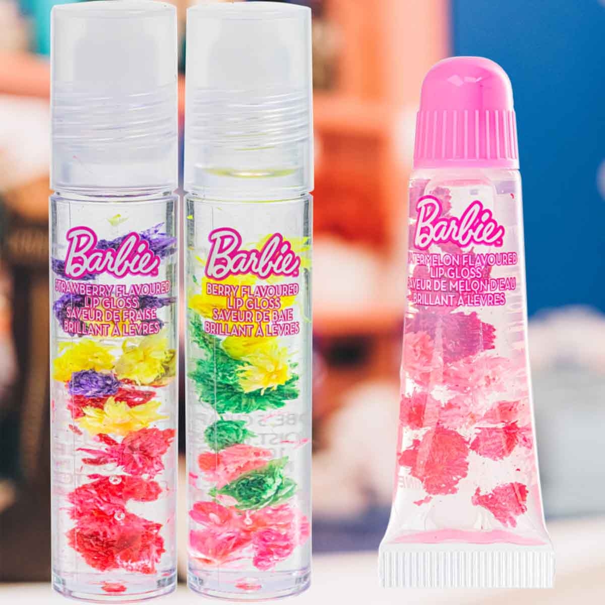 باربي مجموعة ملمع شفاه عائم بتصميم الأزهار من 3 قطع للبنات، من عمر 3-4 سنوات