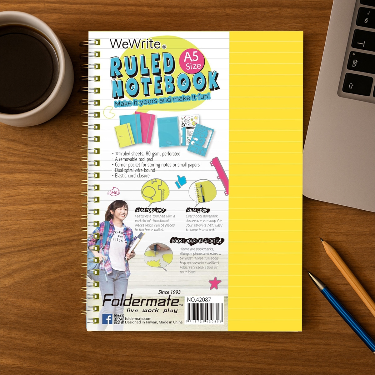 فوردورمايت دفتر بسلك حلزوني بحجم A5، 120 ورقة، وزن 80 غرام، تصميم وي رايت، لون باستيل، لثلاث مواد، ألوان متنوعة، مجموعة من 12