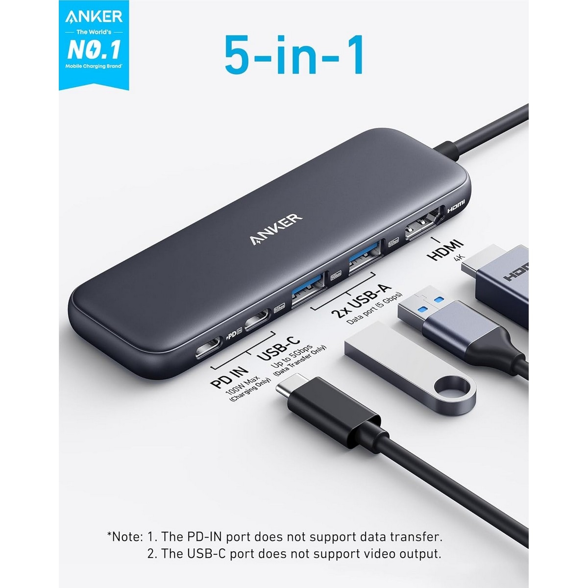 أنكر رمادي موزع وسائط 5 في 1 USB-C
