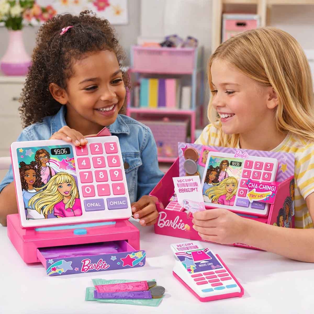 باربي مجموعة ماكينة تسجيل النقود للعب للبنات، 3-4 سنوات