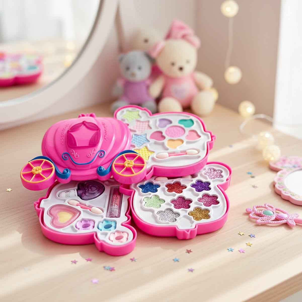 بيوتي أنجل طقم مكياج على شكل عربة قرع، للبنات، من عمر 5 إلى 7 سنوات