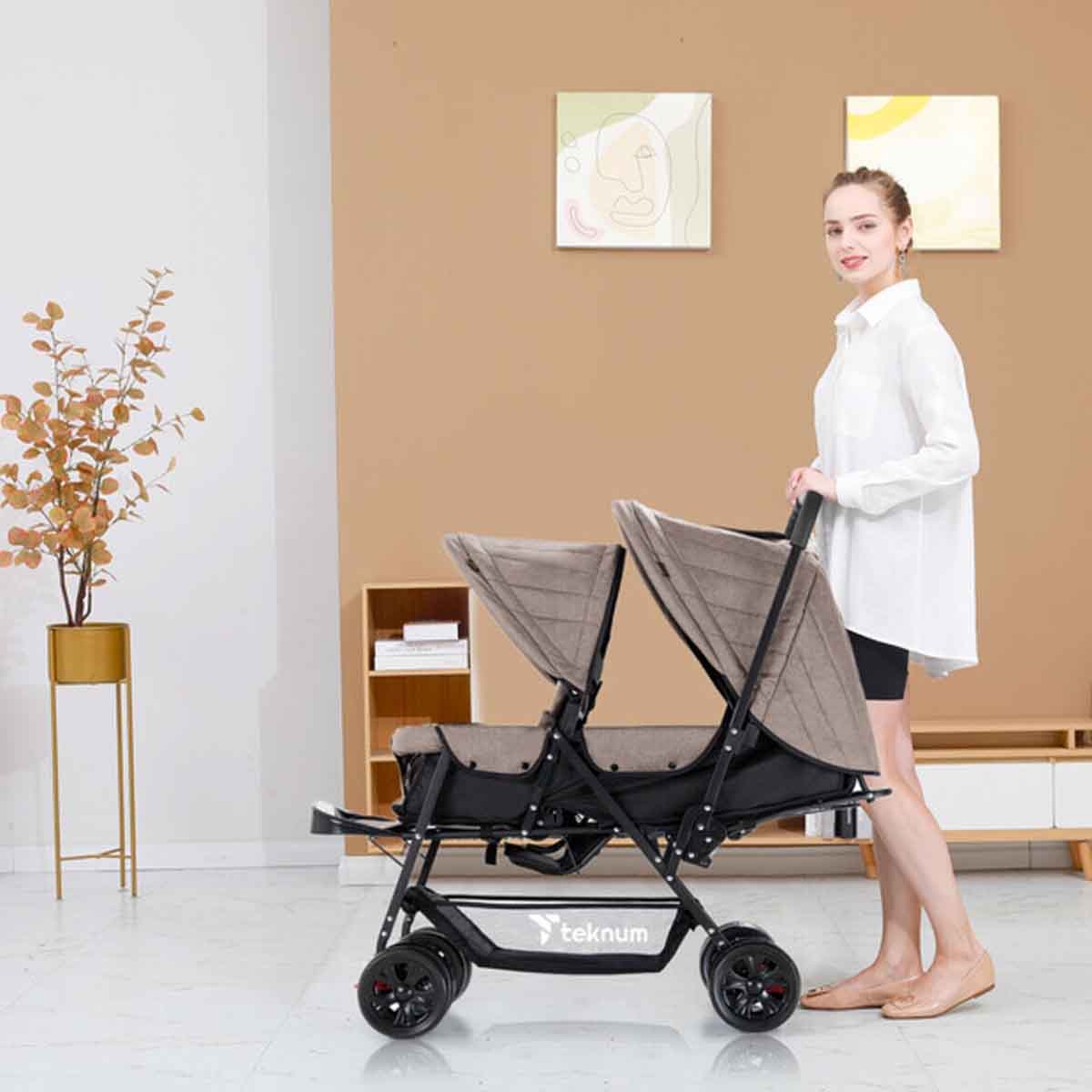 Teknum Khaki Double Baby Stroller Toddler, 0-2 Years