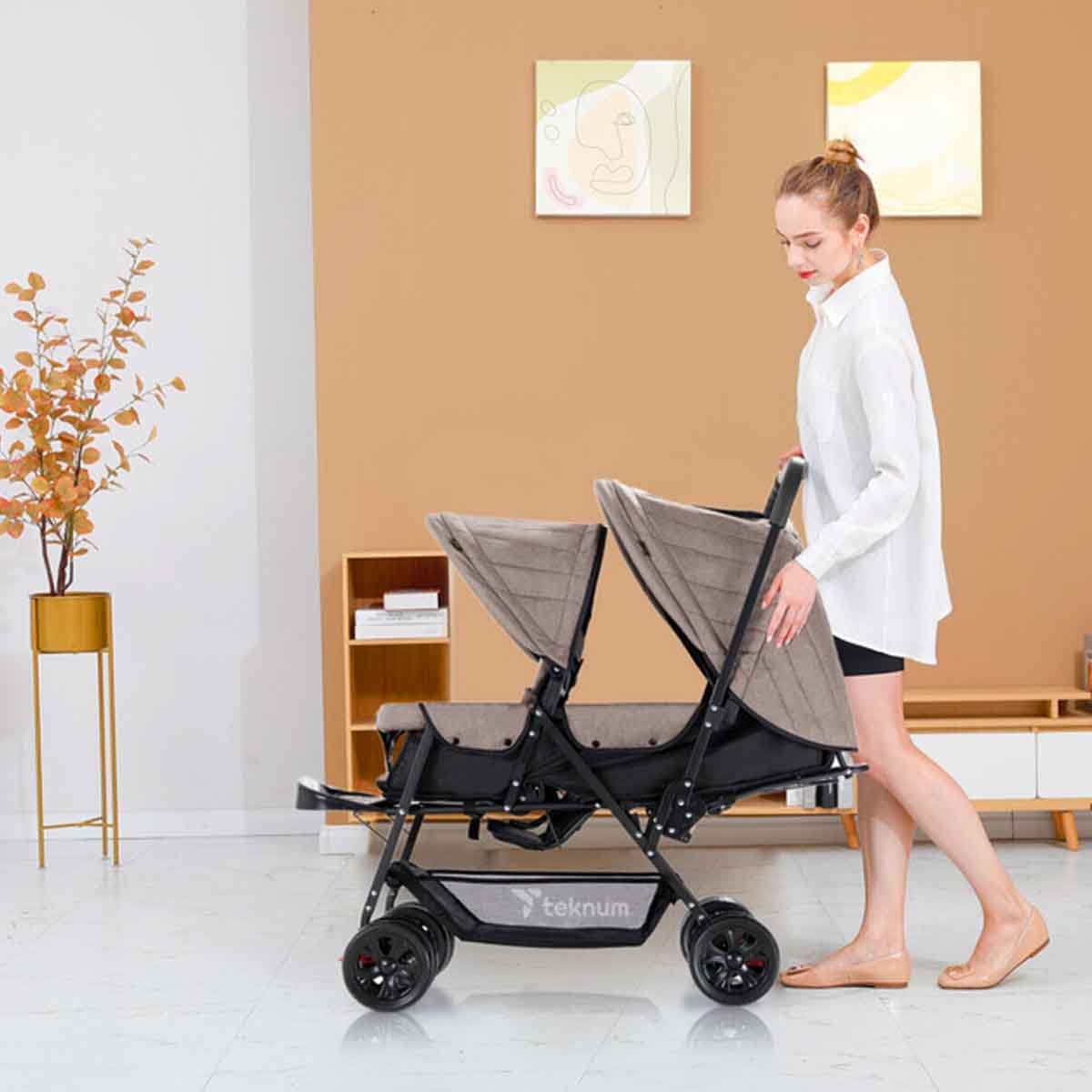 Teknum Khaki Double Baby Stroller Toddler, 0-2 Years