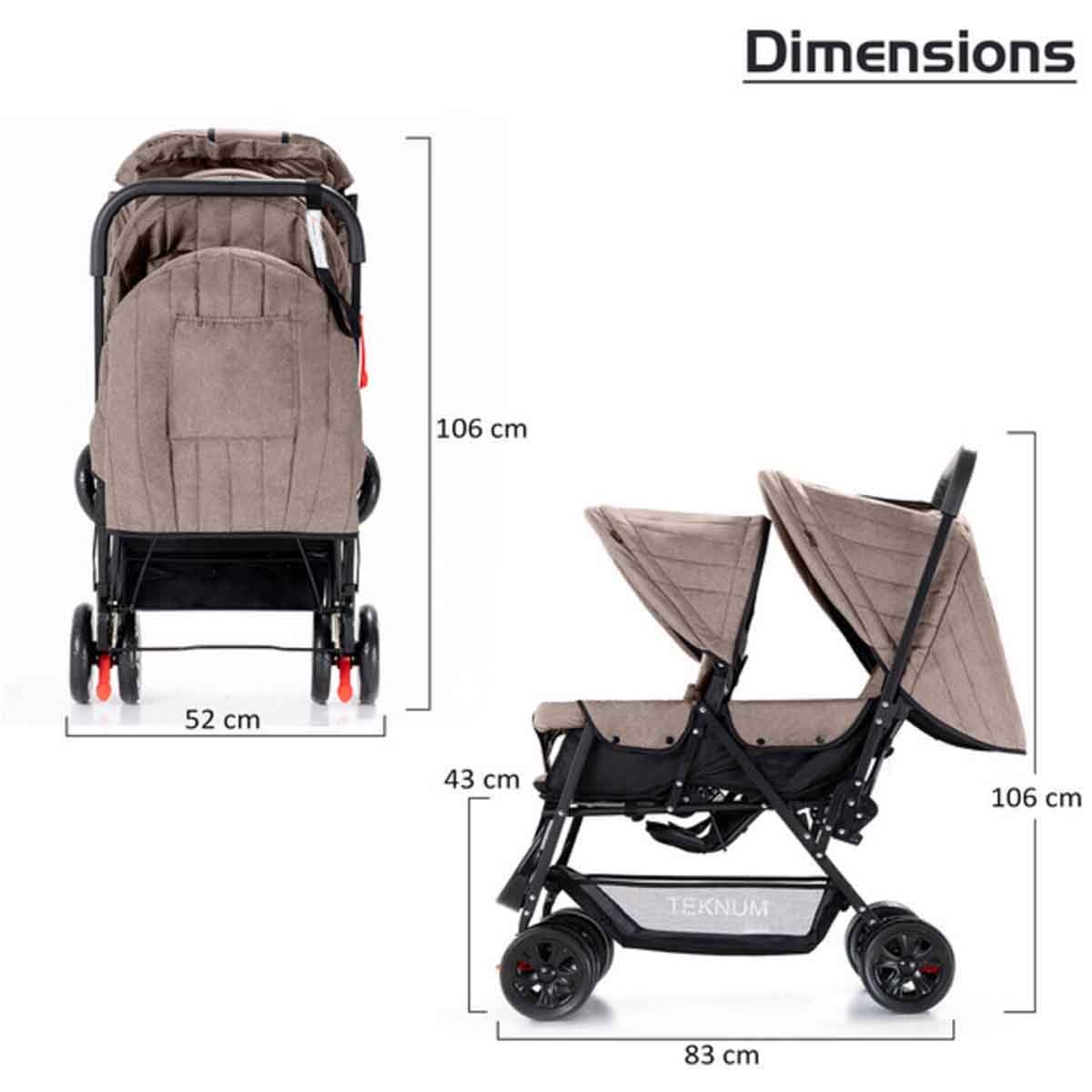 Teknum Khaki Double Baby Stroller Toddler, 0-2 Years