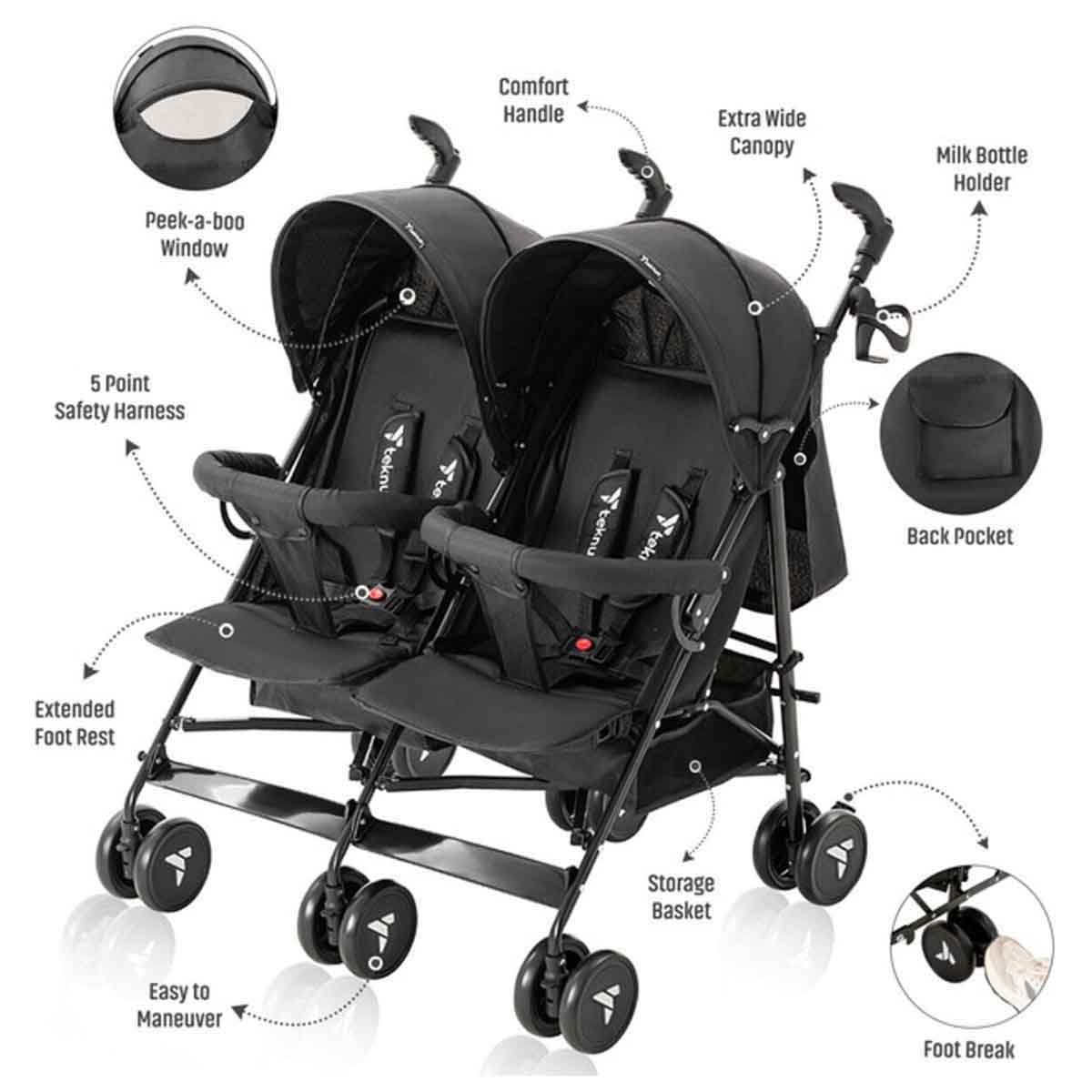 تيكنوم عربة أطفال مزدوجة فيلو باللون الأسود