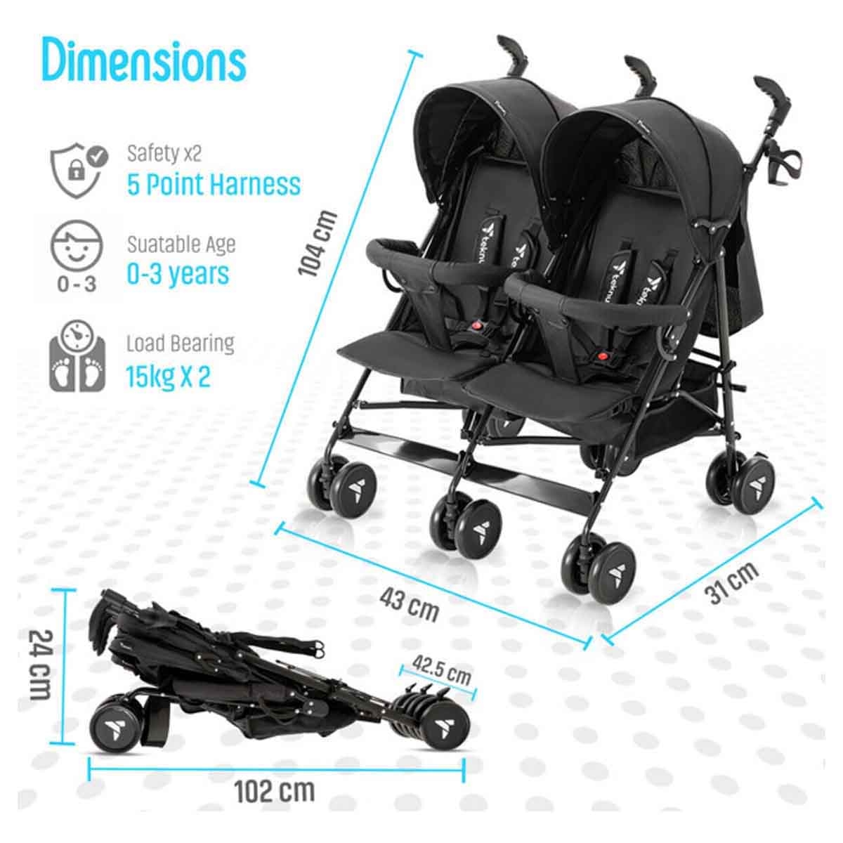 تيكنوم عربة أطفال مزدوجة فيلو باللون الأسود
