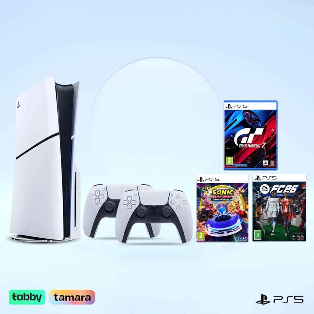 Sony PS5 Blu-Ray Disc (KSA Version) with White Controller + Gran Turismo 7 + Sega Sonic Racing + FC26 Bundle