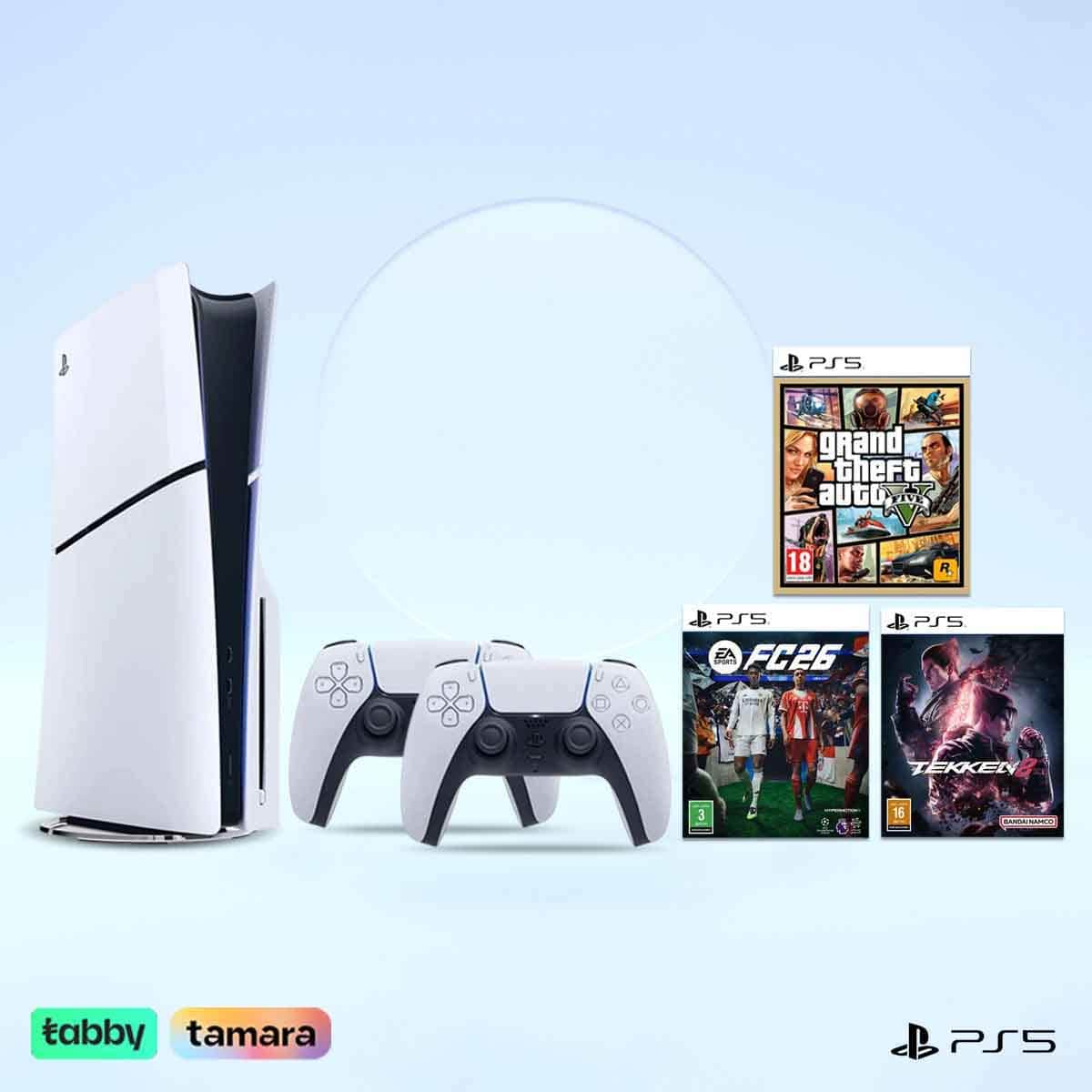 Sony PS5 Blu-Ray Disc (KSA Version) with White Controller + Takken8 + GTA5 + FC26 Bundle