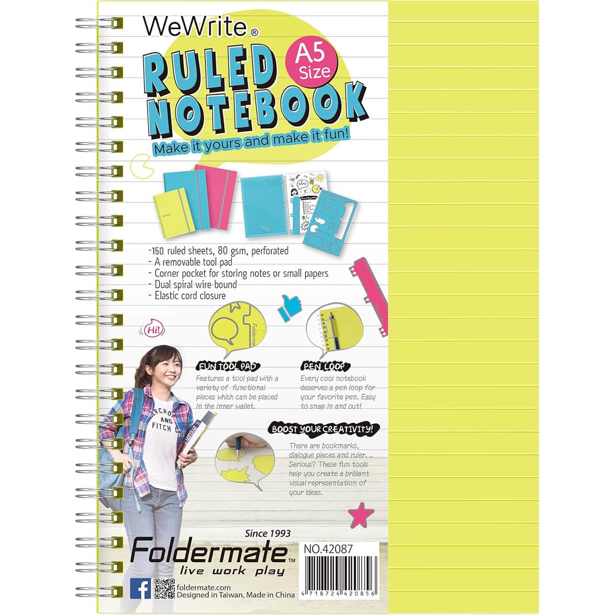 Foldermate A5 80GSM 150 Sheet WeWrite Regular Colour 5 Subject Assorted Spiral Notebook, Pack of 10