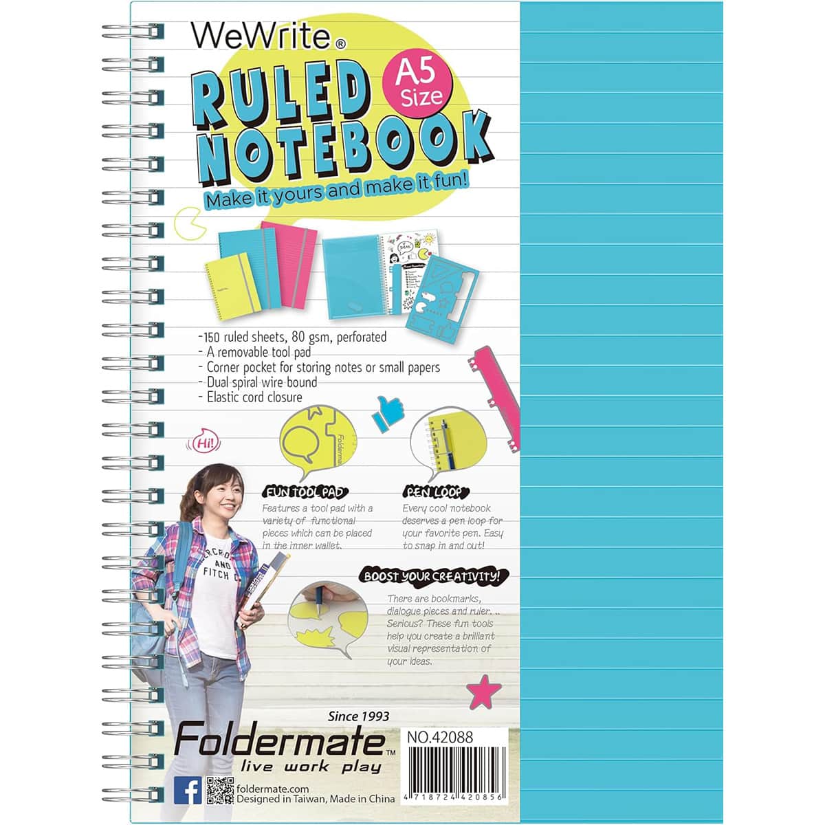 Foldermate A5 80GSM 150 Sheet WeWrite Regular Colour 5 Subject Assorted Spiral Notebook, Pack of 10