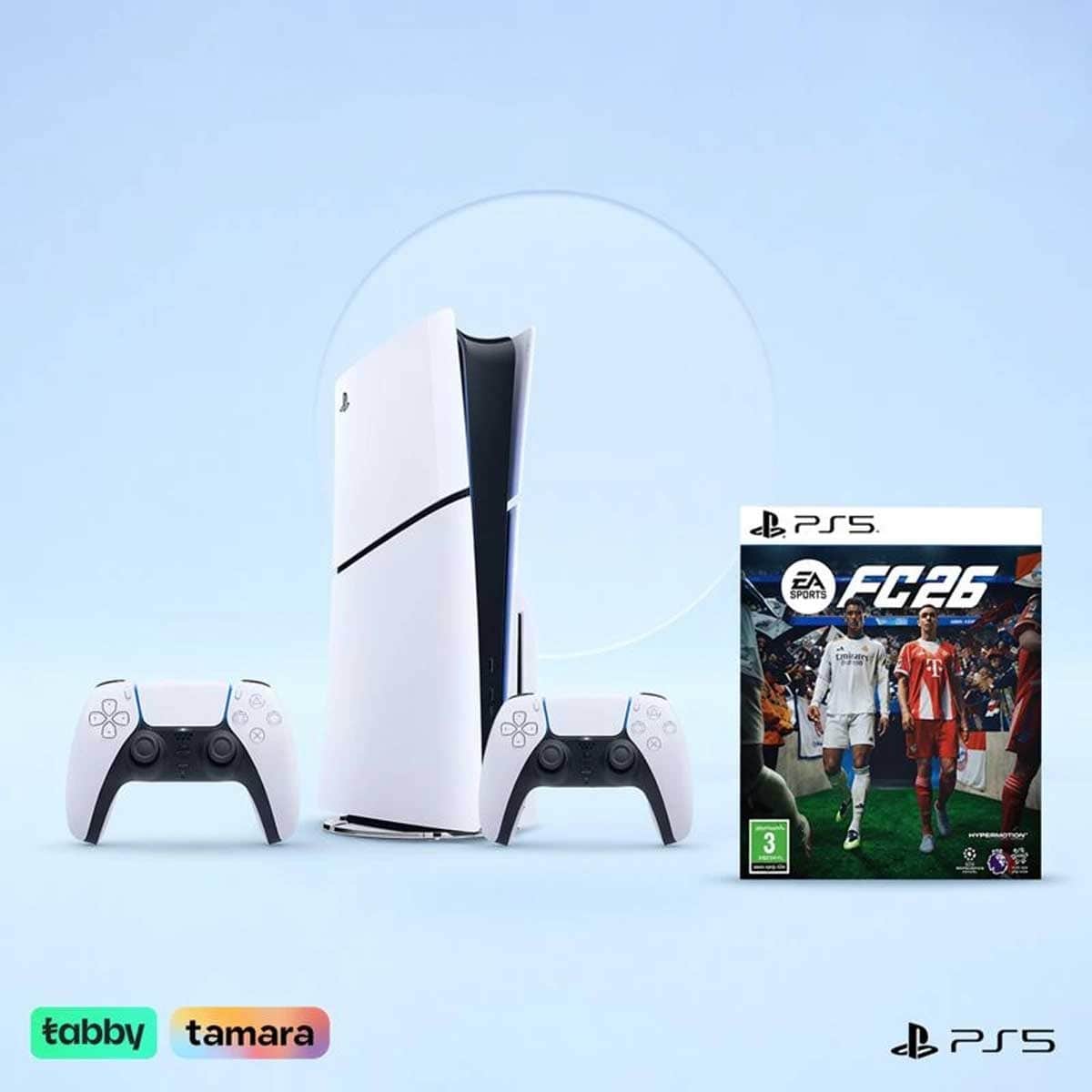 Sony PS5 Blu-Ray Disc (KSA Version) with 2 Controllers (White) + FC26 Bundle