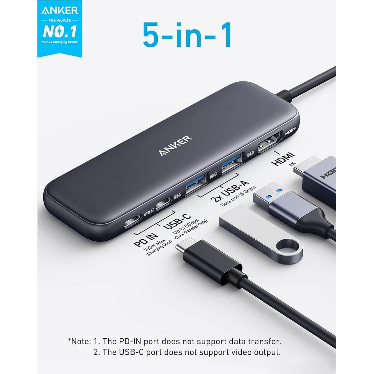 أنكر رمادي موزع وسائط 5 في 1 USB-C