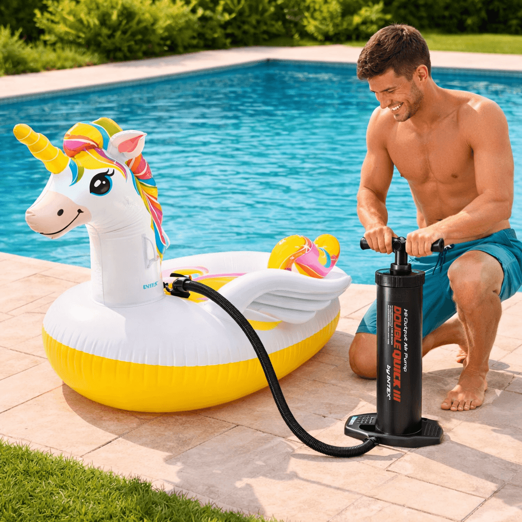 Intex Ride-On Unicorn Pool Float with Double Quick III Hand Pump Bundle Unisex, 13+ Years