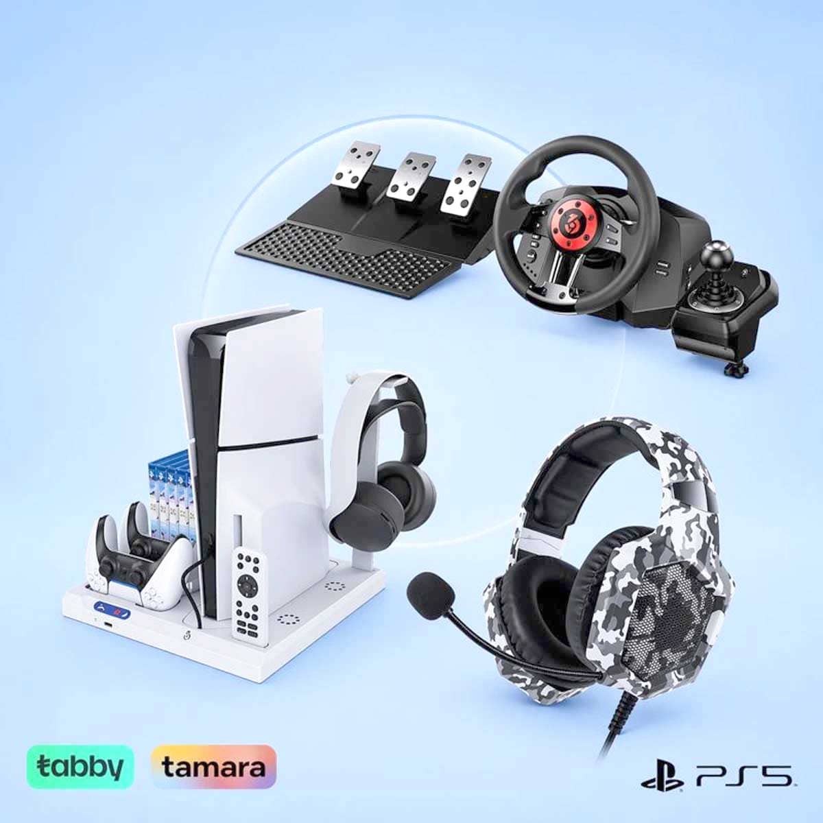 369 Vertical Slim Stand for PS5 with 369 Torque Gaming Steering Wheel Switch & Gaming Headset Bundle