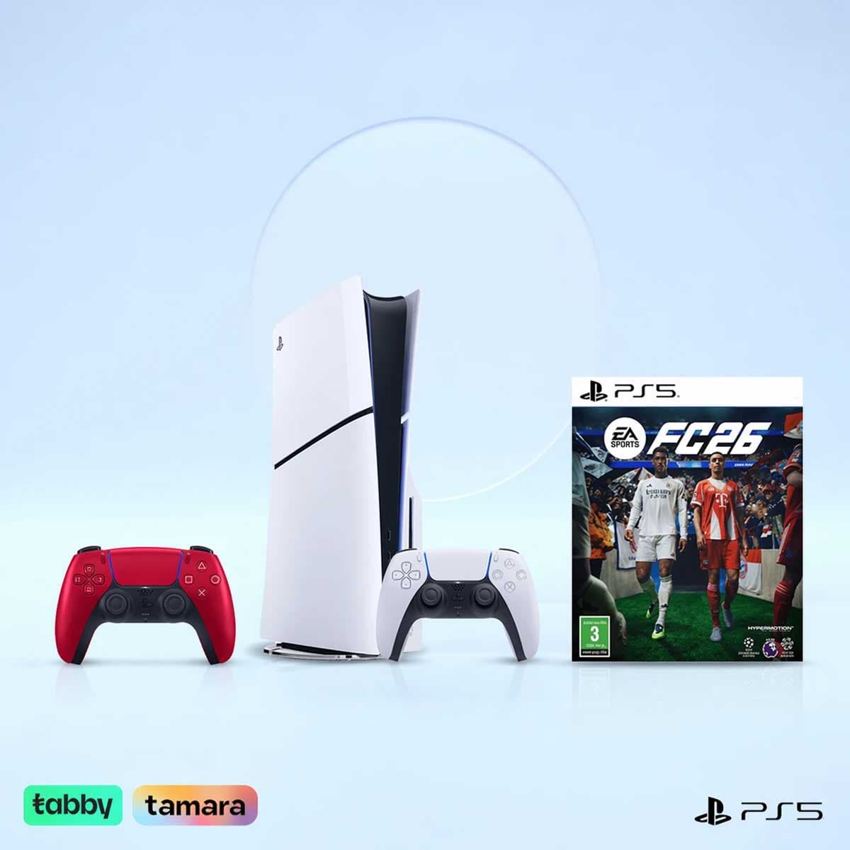 Sony PS5 Blu-Ray Disc (KSA Version) with 2 Controllers (White/Red) + FC26 Bundle
