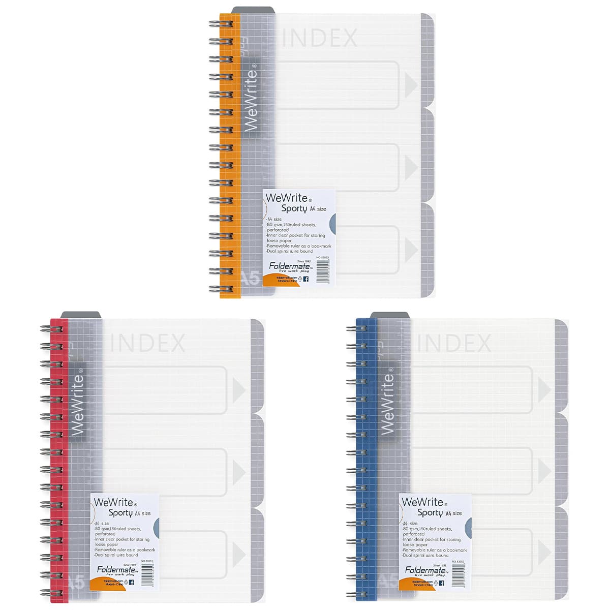 Foldermate A4 80GSM 150 Sheet WeWrite Sporty Regular Colour 5 Subject Assorted Spiral Notebook, Pack of 8