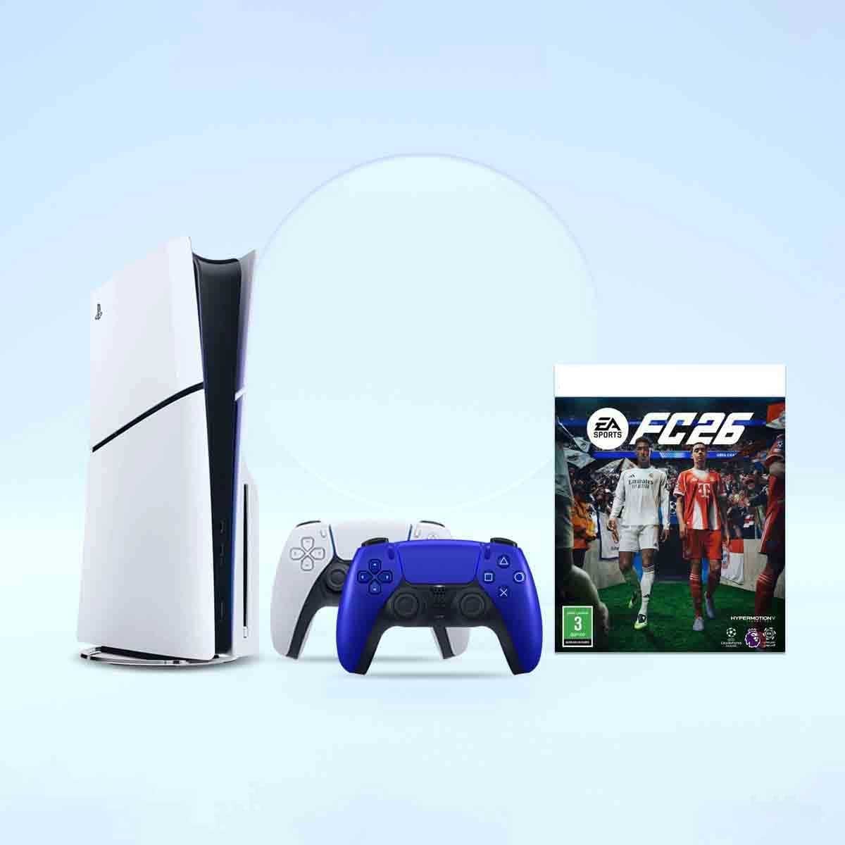 Sony PS5 Blu-Ray Disc (KSA Version) with 2 Controllers (White/Blue) + FC26 Bundle