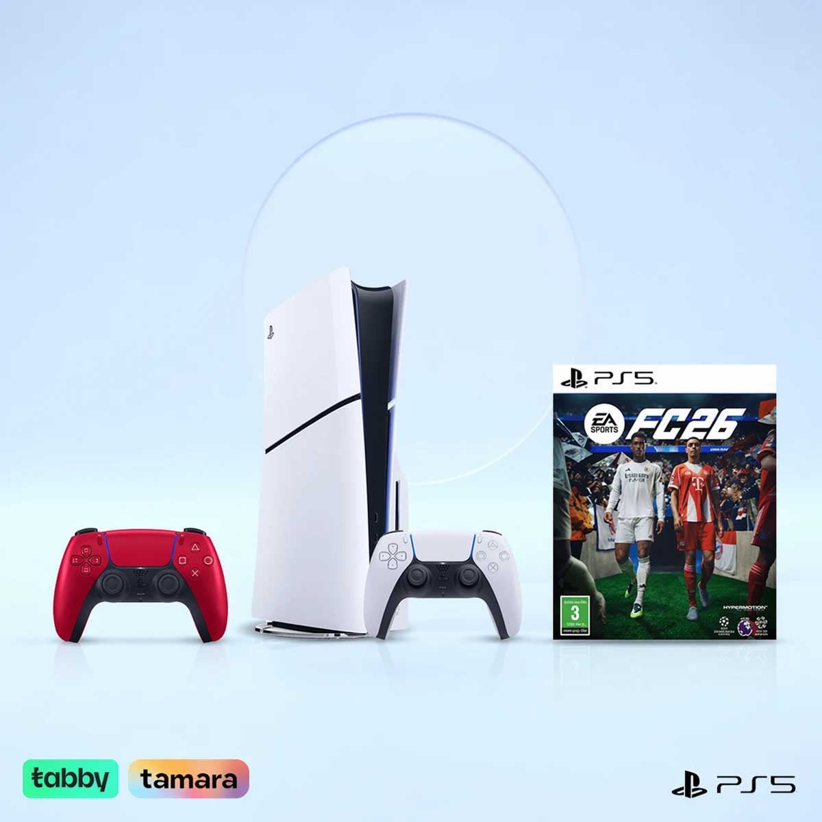 Sony PS5 Blu-Ray Disc (KSA Version) with 2 Controllers (White/Red) + FC26 Bundle