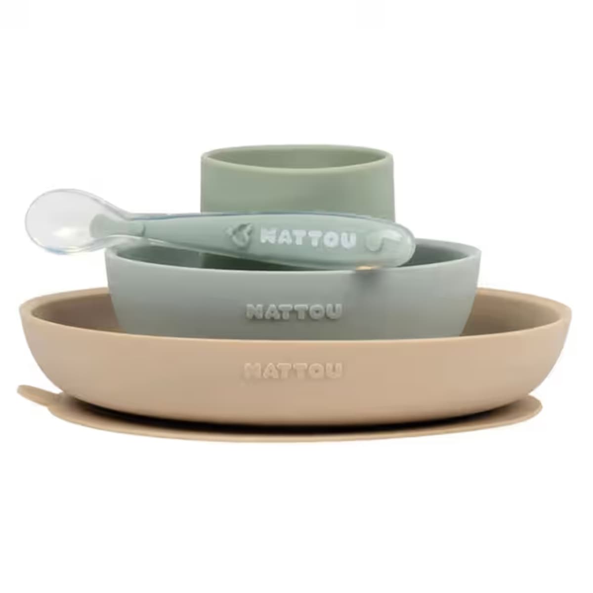 Nattou Children 876827 Silicone Semi-Matte Tableware Set Toddler, 0-2 Years, Pack of 4