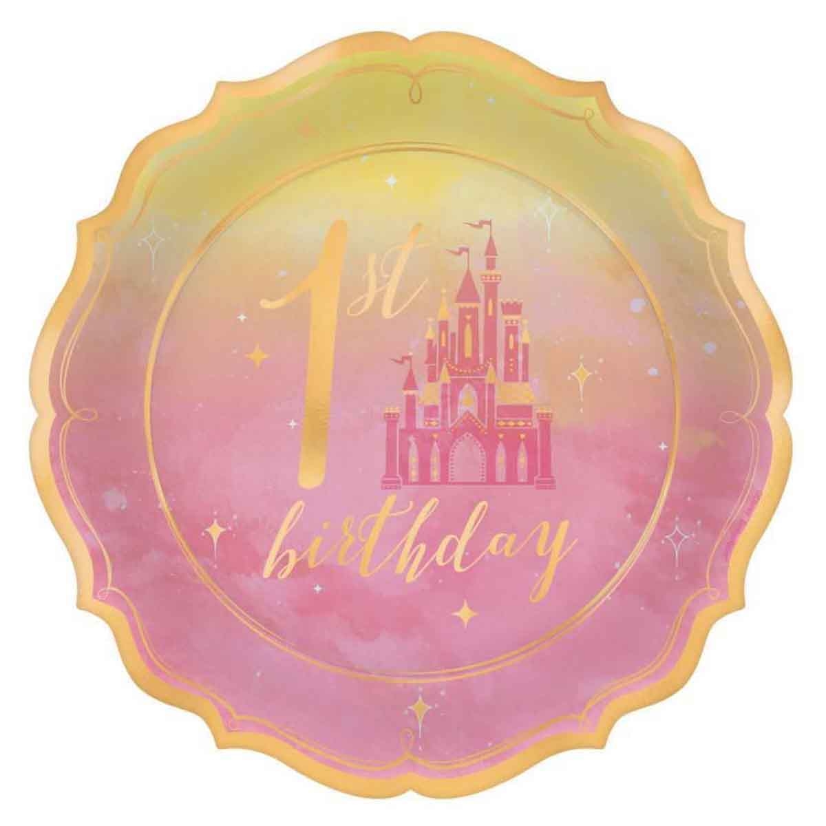 Disney Princess 8-Piece 7" 1st Birthday Metallic Shaped Paper Plate Set