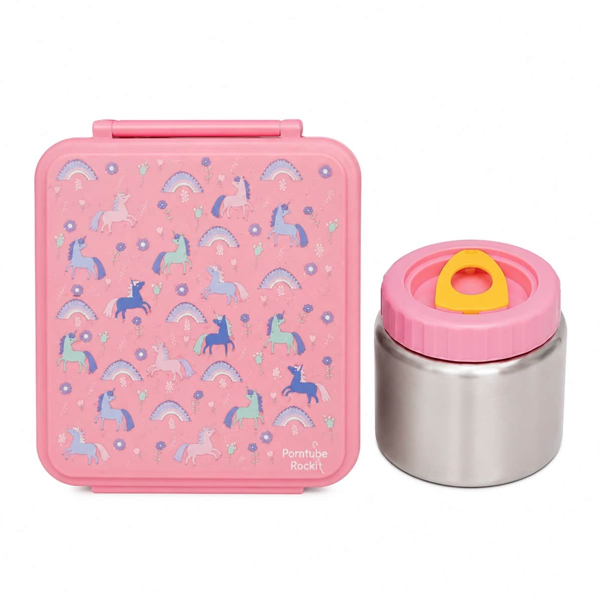 Bamboo Bark Pink Unicorn Large Bento Lunch Box with Food Jar