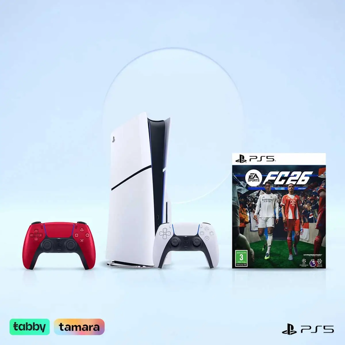 Sony PS5 Blu-Ray Disc (KSA Version) with 2 Controllers (White/Red) + FC26 Bundle