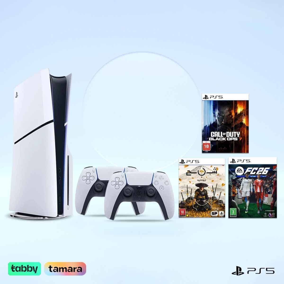 Sony PS5 Blu-Ray Disc (KSA Version) with White Controller + Ghost of Yotei + FC26 + Black Ops 7 Bundle