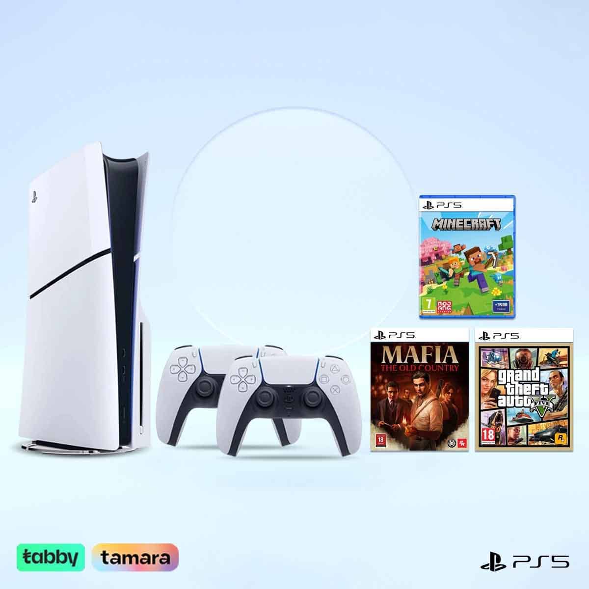 Sony PS5 Blu-Ray Disc (KSA Version) with White Controller + Minecraft + GTA5 + Mafia the Old Country Bundle