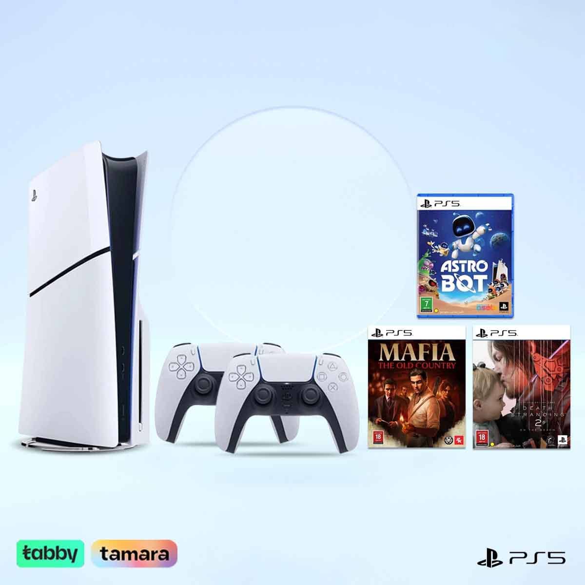 Sony PS5 Blu-Ray Disc (KSA Version) with White Controller + Astro Bot + Mafia the Old Country + Death Stranding 2 Bundle