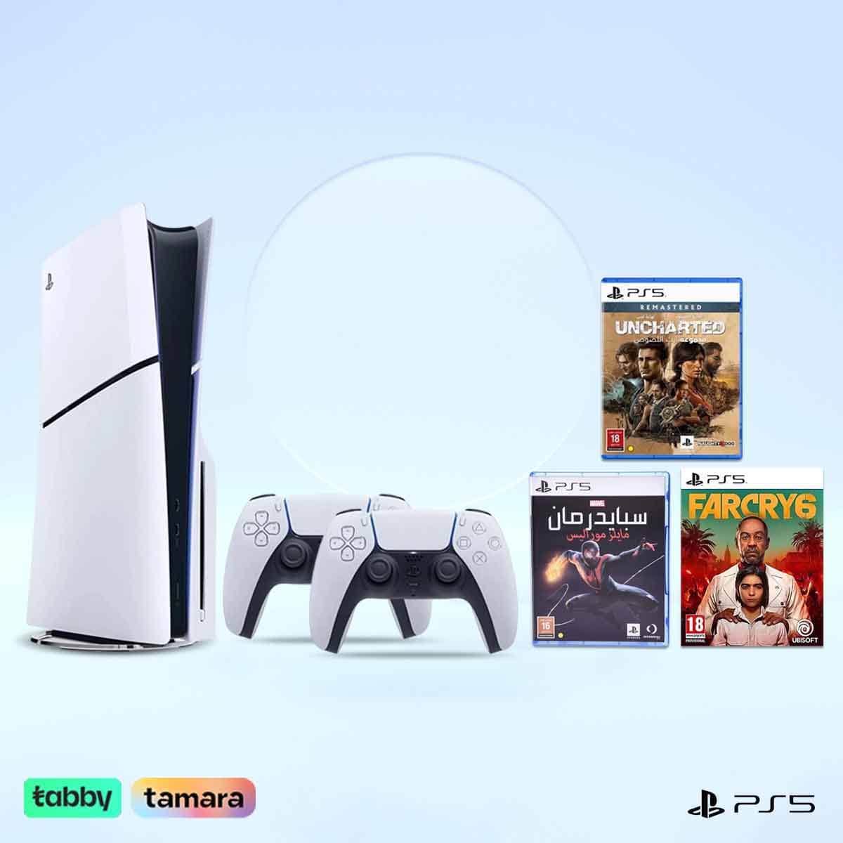 Sony PS5 Blu-Ray Disc (KSA Version) with White Controller + Spider Man Miles Morales + Ubisoft Far Cry 6 + Uncharted Bundle