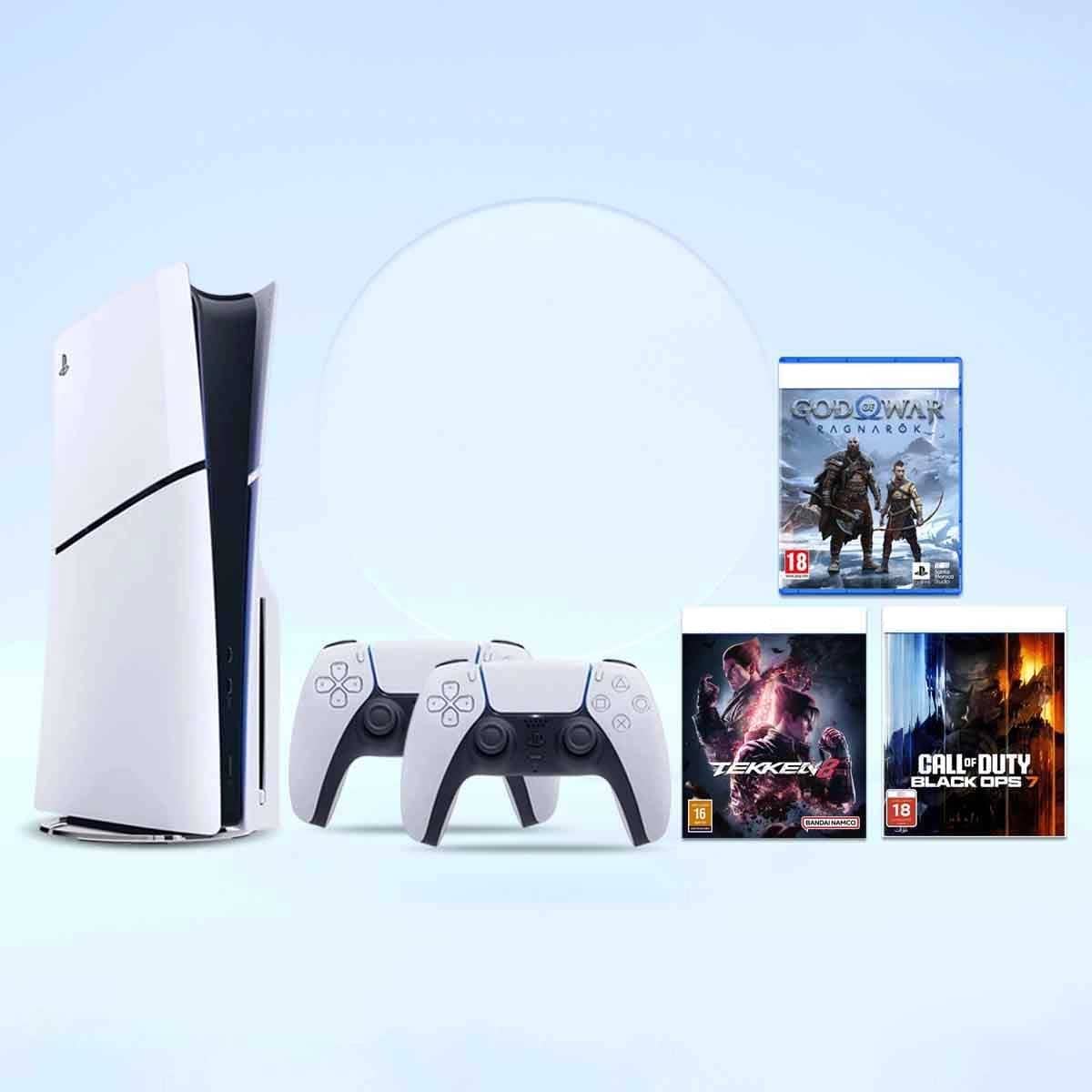 Sony PS5 Blu-Ray Disc (KSA Version) with White Controller + Black Ops 7 + God of War Rangnarok + Takken8 Bundle
