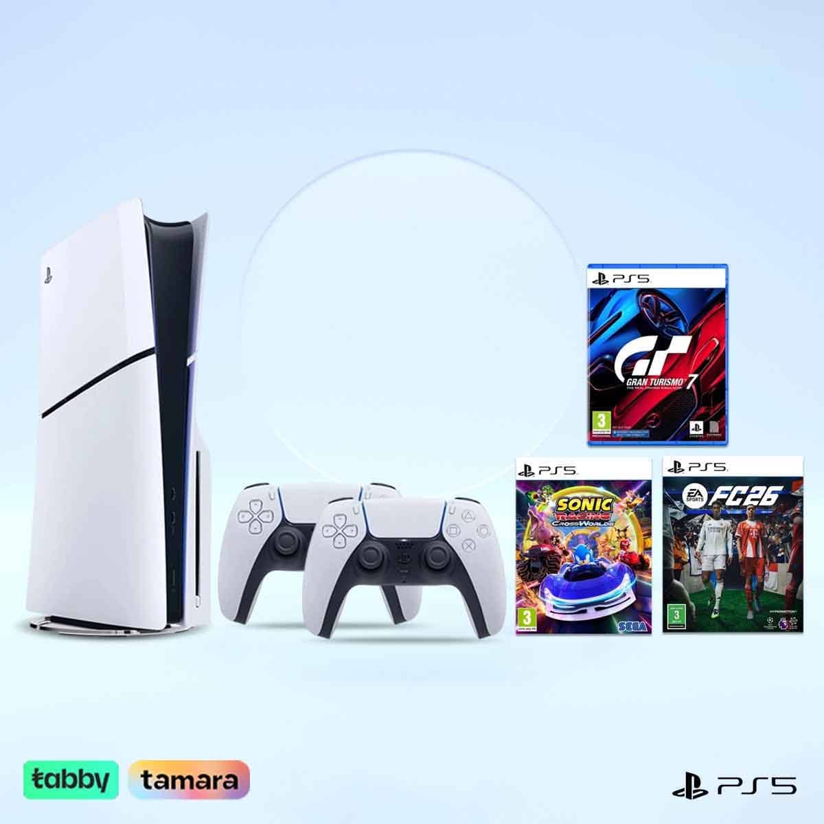 Sony PS5 Blu-Ray Disc (KSA Version) with White Controller + Gran Turismo 7 + Sega Sonic Racing + FC26 Bundle