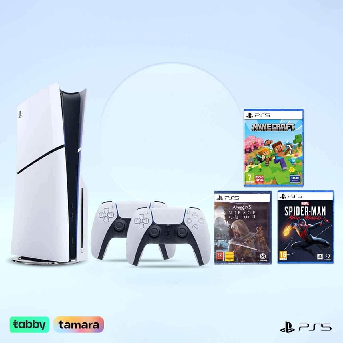 Sony PS5 Blu-Ray Disc (KSA Version) with White Controller + Assassin's Creed Mirage + Marvel Spider Man + Minecraft Bundle