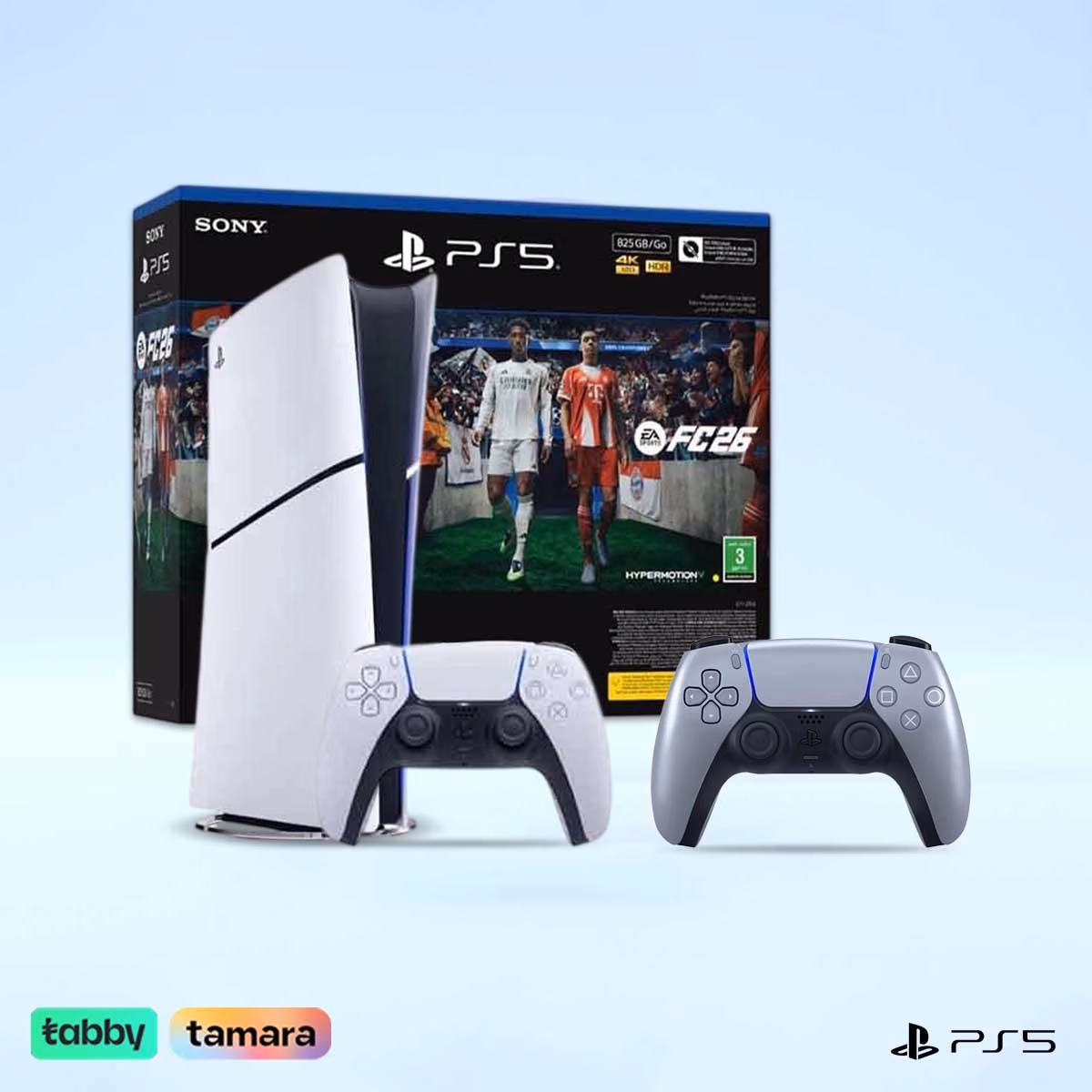 Sony PS5 Digital Edition 825 GB & FC26 (KSA Version) with DualSense Silver Controller Bundle