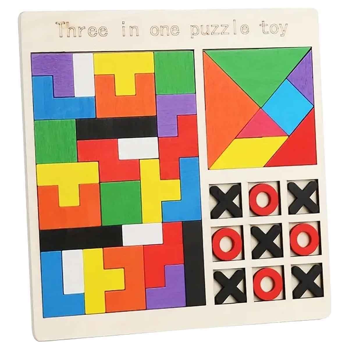 3-in-1 Wooden Puzzle Board Game Set Unisex, 3-4 Years