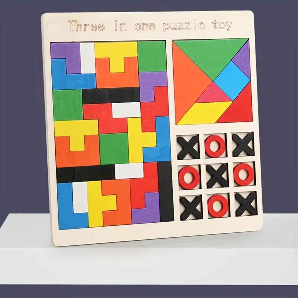 3-in-1 Wooden Puzzle Board Game Set Unisex, 3-4 Years