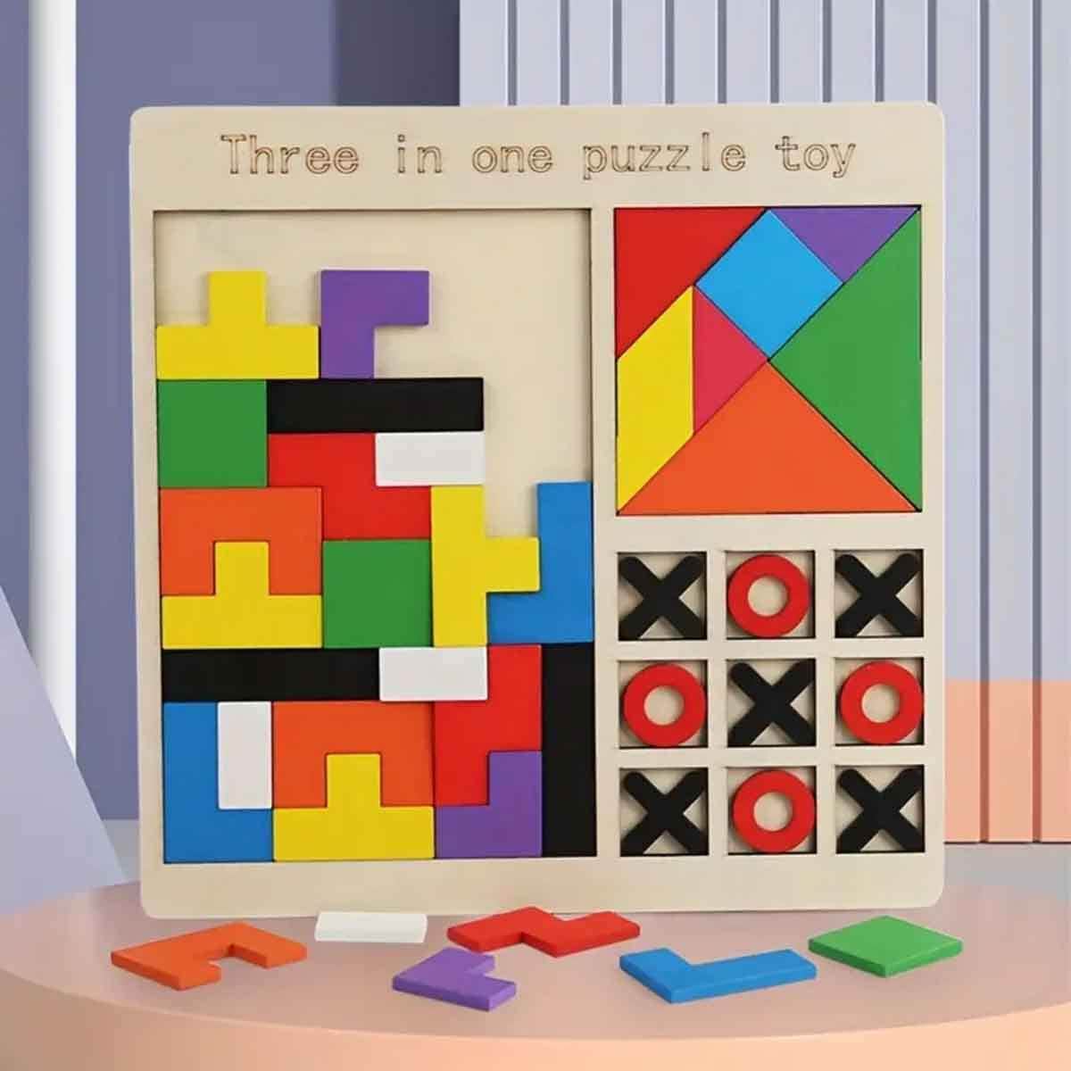 3-in-1 Wooden Puzzle Board Game Set Unisex, 3-4 Years