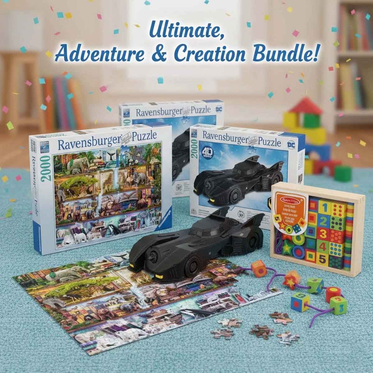 4 دي بيلد مجموعة نموذج سيارة باتموبيل ريترو من دي سي + لغز ثلاثي الأبعاد من رافنسبورجر مع خرز الربط من ميليسا آند دوغ، للجنسين، 13+ سنة