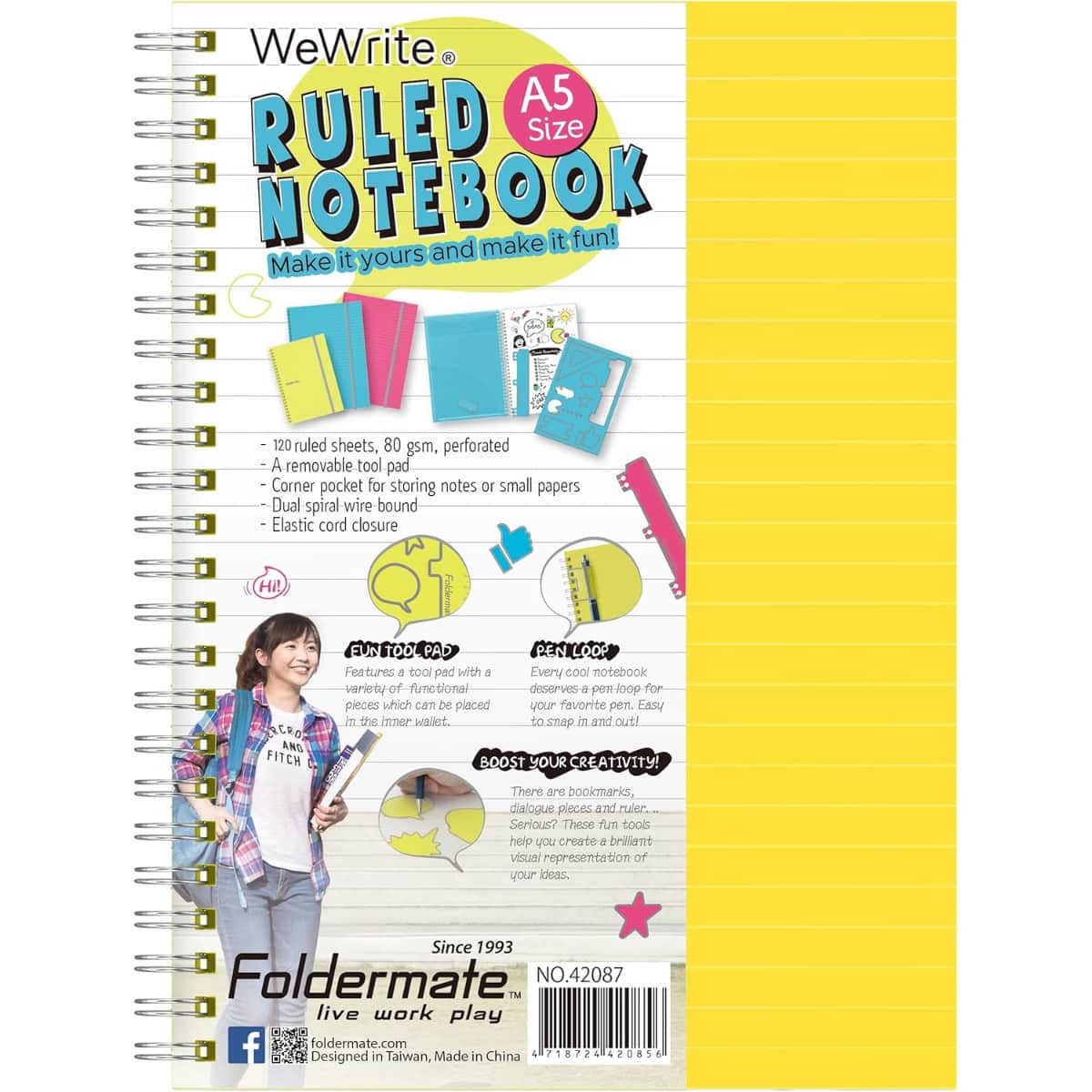 Foldermate A5 80GSM 120 Sheet WeWrite Pastel Colour 3 Subject Assorted Spiral Notebook, Pack of 12