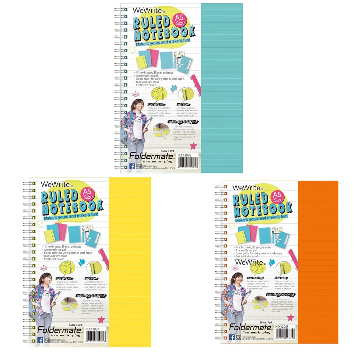 Foldermate A5 80GSM 120 Sheet WeWrite Pastel Colour 3 Subject Assorted Spiral Notebook, Pack of 12