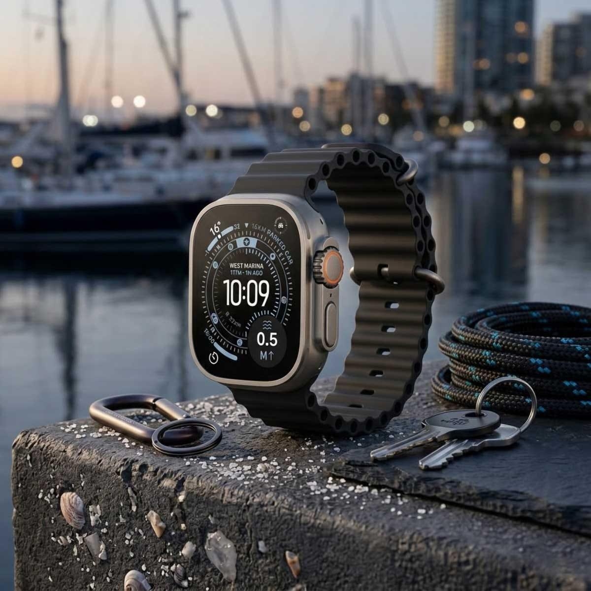 أبل واتش الترا 3 ساعة ذكية (نظام تحديد المواقع + اتصال خلوي) مقاس 49 مم بهيكل تيتانيوم أسود مع سوار أوشن أسود - مقاس واحد