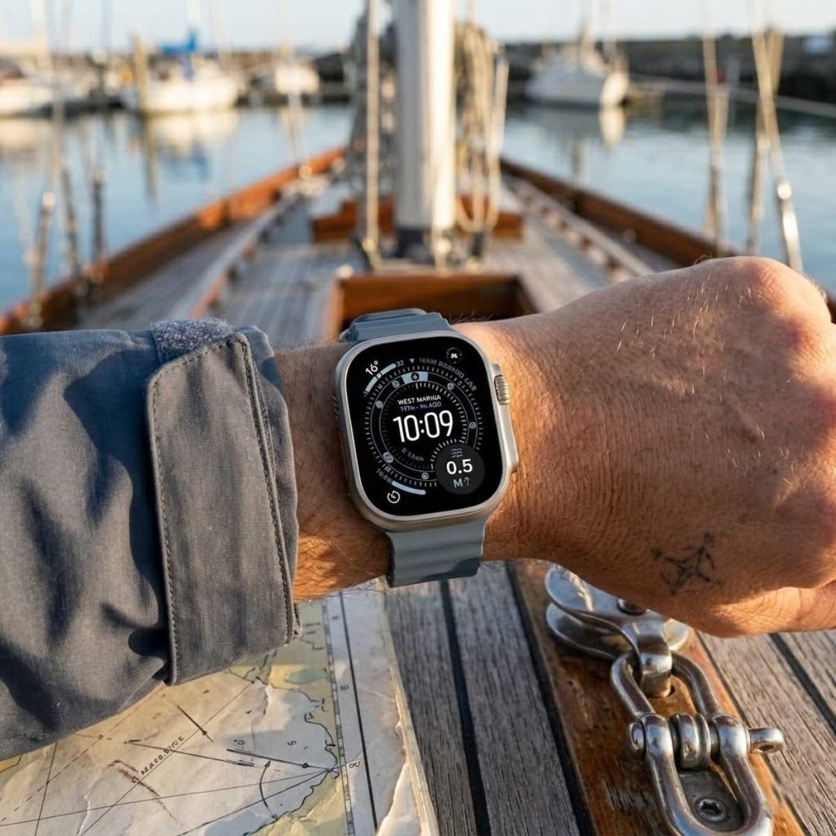 أبل واتش الترا 3 ساعة ذكية (نظام تحديد المواقع + اتصال خلوي) مقاس 49 مم بهيكل تيتانيوم طبيعي مع سوار أوشن أزرق أنكور - مقاس واحد