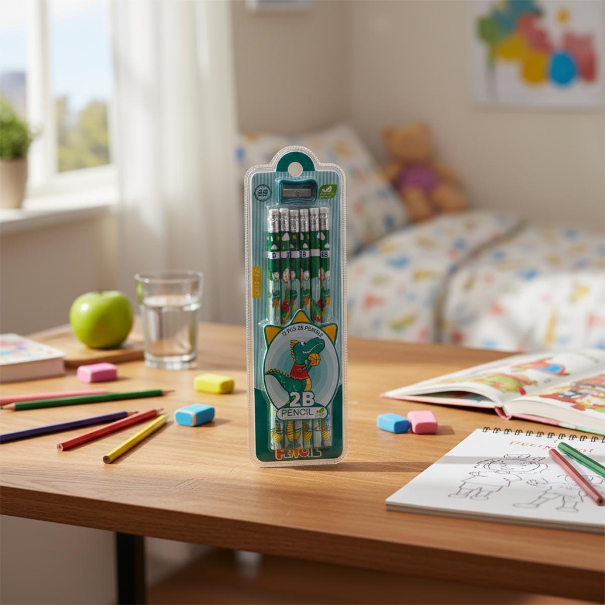 مجموعة أقلام رصاص إيزي كيدز الخضراء 2B المكونة من 12 قطعة مع ممحاة ومبراة