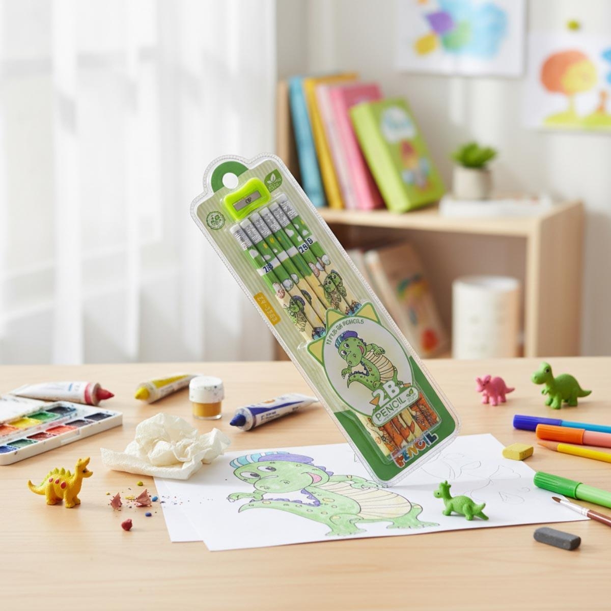 مجموعة أقلام رصاص إيزي كيدز مكونة من 12 قطعة باللون الأخضر الفاتح 2B مع ممحاة ومبراة