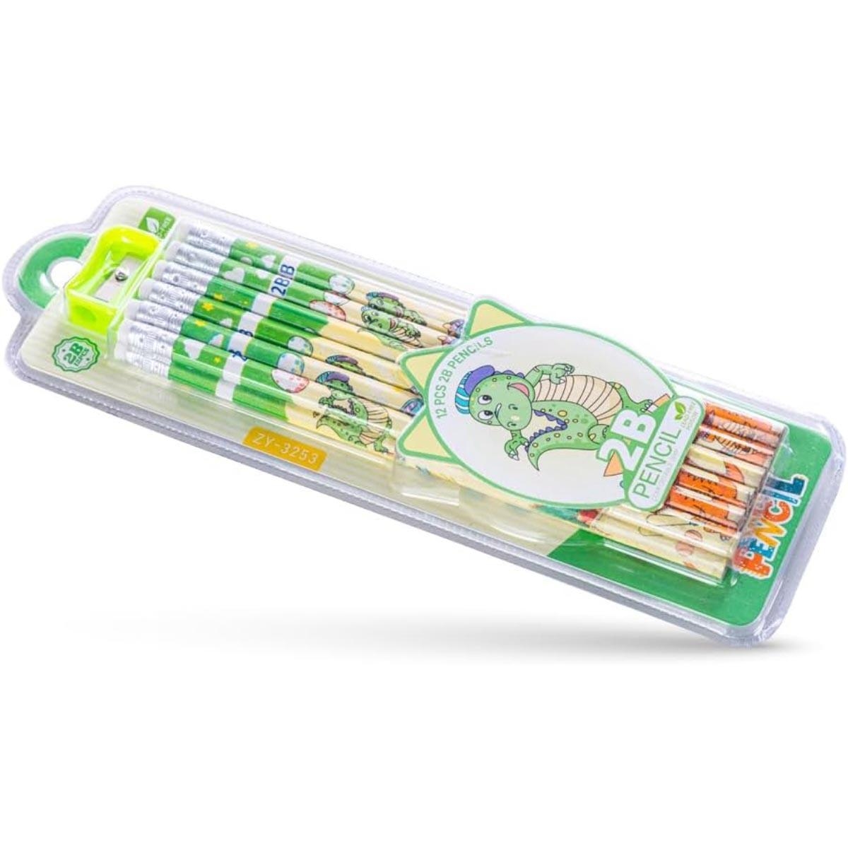 مجموعة أقلام رصاص إيزي كيدز مكونة من 12 قطعة باللون الأخضر الفاتح 2B مع ممحاة ومبراة