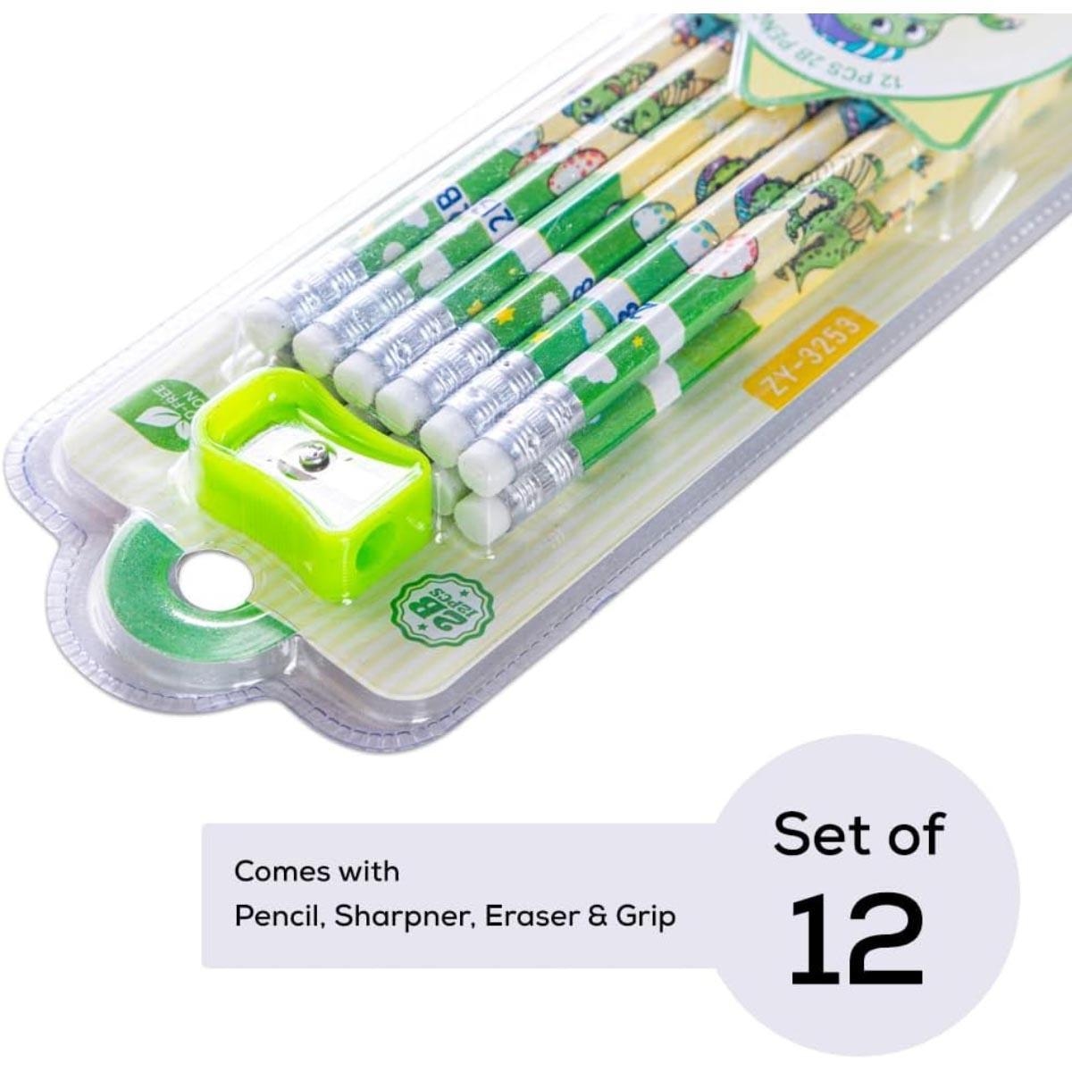 مجموعة أقلام رصاص إيزي كيدز مكونة من 12 قطعة باللون الأخضر الفاتح 2B مع ممحاة ومبراة
