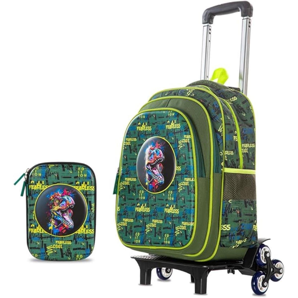 Eazy Kids 16" Dino Green School Bag with Trolley & Pencil Case Set