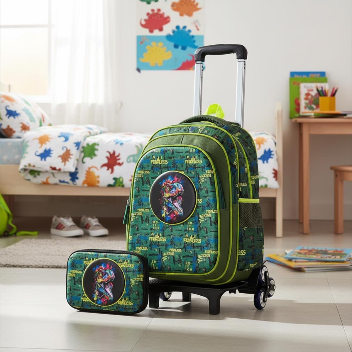 Eazy Kids 16" Dino Green School Bag with Trolley & Pencil Case Set